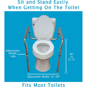 The Carex Toilet Safety Frame over a blue background. Text showing height adjustable legs and width. 