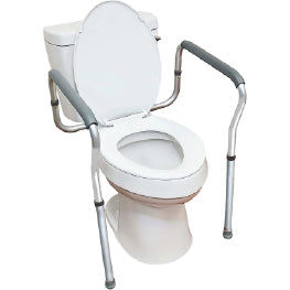 The Carex Toilet Safety Frame attached to a toilet on a white background