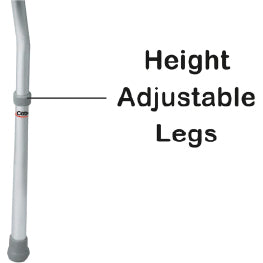 Close up of the Carex Toilet Safety Frame’s legs. Text, “Height adjustable legs”