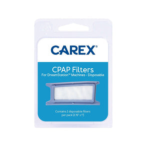 Blue and white Carex CPAP filter packaging