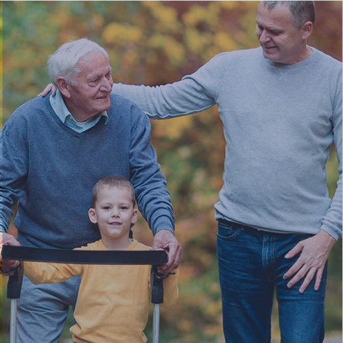 An elderly man with his son and grand son using a rollator