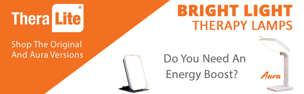 Close-up banner for TheraLite light therapy lamps. Asks Need an energy boost? Shop original & Aura versions.