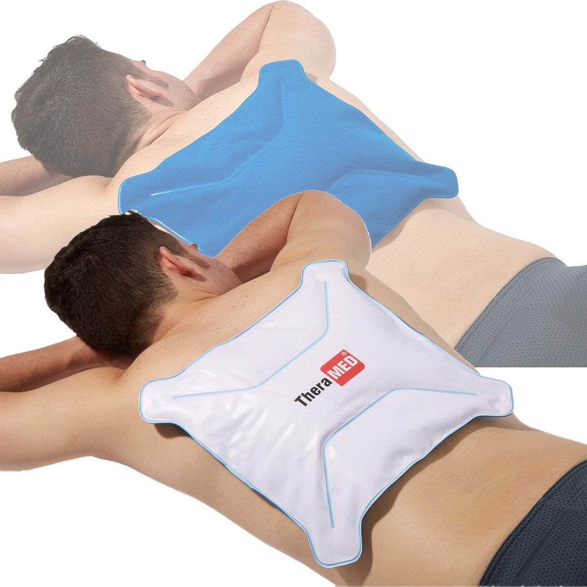 A side-by-side shot of a man using the TheraMed Reusable Cold Pack on both sides – white and blue