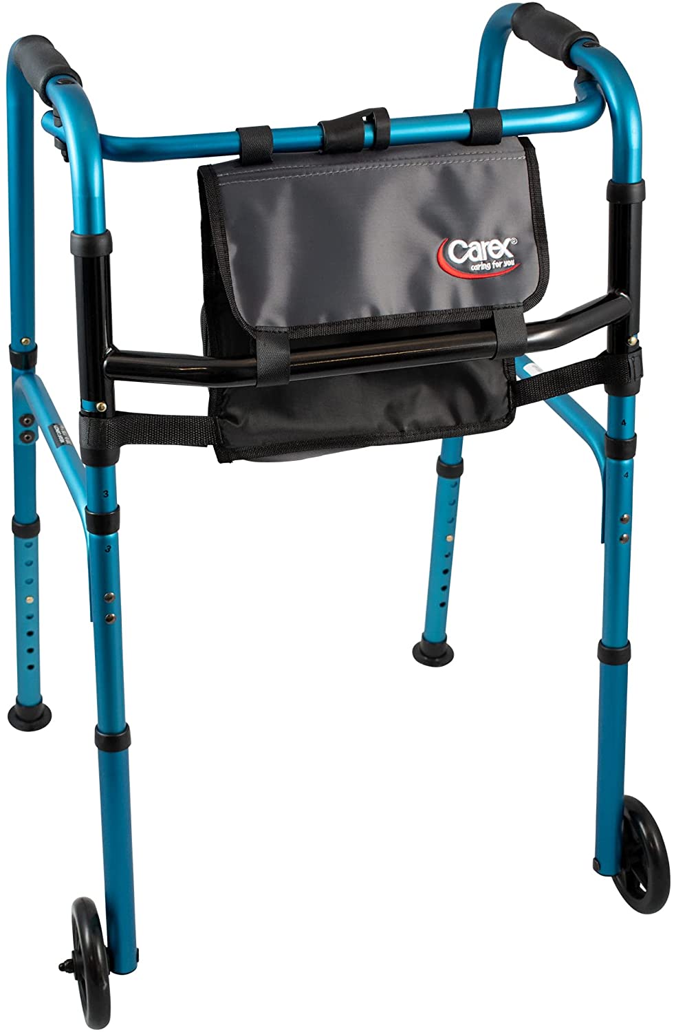 A front view of the Carex Explorer Folding Walker with its carrying bag