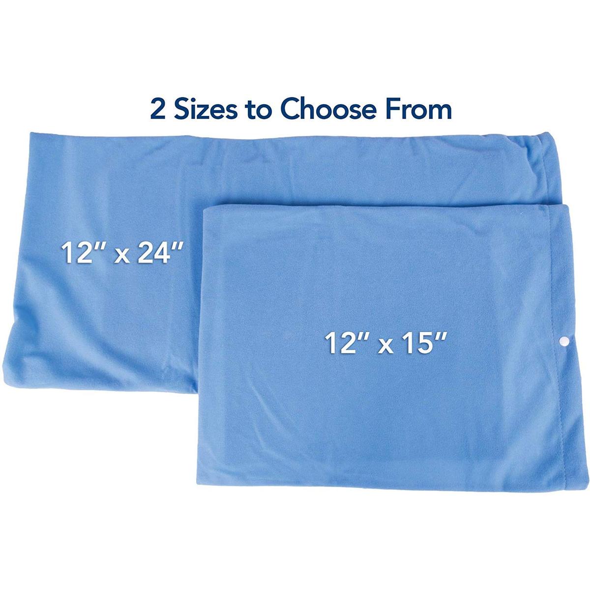 The 12” x 15” and 12” x 24” size TheraMed heating pads over each other. Text, “2 sizes to choose from”