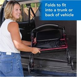 A woman placing the Carex Trio Rolling Walker in a trunk. Text, Folds to fit into a trunk or back of vehicle. 