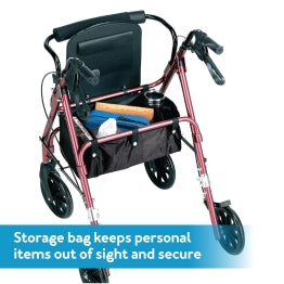 Carex Rolling Walker with seat up, bag. Text, Storage bag keeps personal items out of sight and secure