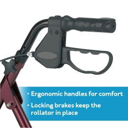 Carex walker handle close-up. Text,Ergonomic handles for comfort locking brakes keep the rollator in place