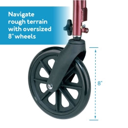 A close-up of the Carex Rolling Walker’s wheels. Text, Navigate rough terrain with oversized 8” wheels