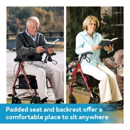 Elderly couple on Carex Rolling Walker collage.Text, Padded seat and backrest offer a comfortable place to sit anywhere.