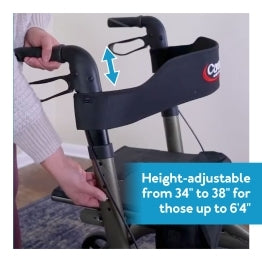 Adjusting Carex Crosstour Walker height. Text, “Height adjustable from 34” to 38” for those up to 6’4”.