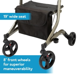 Carex Crosstour Rolling Walker bottom half with text, “19” wide seat. 8” front wheels for superior maneuverability.