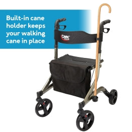 The Carex Crosstour Rolling Walker with a cane on it. Text, Built-in cane holder keeps your walking cane in place