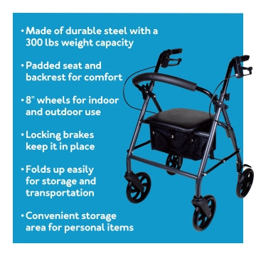 The Carex Classics Steel Rollator on a blue background, further details are provided below.