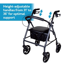 The Carex Classics Steel Rollator on a white bg. Text Height-adjustable handles from 31” to 36” for optimal support