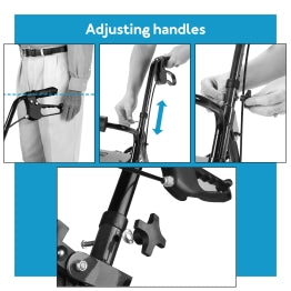 A collage of images showing how to adjust the Carex Classics Steel Rollator’s handle height