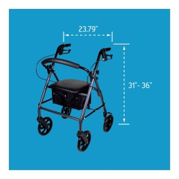 The Carex Classics Steel Rollator on a blue background and dimensions of 23.79” x 31” – 36”