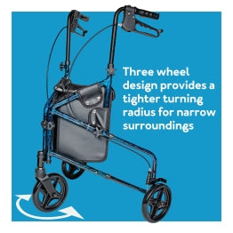 Carex Trio Rolling Walker on blue background. Text: 3-wheel design for tighter turning in narrow spaces