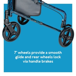 Close-up of Carex Trio Rolling Walker's wheels. Text: 7” wheels for smooth glide, rear wheels lock.