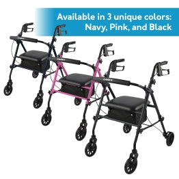 The Carex Step 'N Rest® Rolling Walker in three colors: Navy, Pink, and Black 