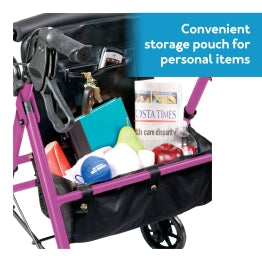A close-up of the Carex Step 'N Rest® Rolling Walker’s pouch. Text, Convenient storage pouch for personal items