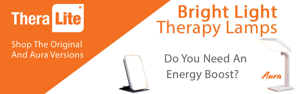 Close-up banner for TheraLite light therapy lamps. Asks Need an energy boost? Shop original & Aura versions.