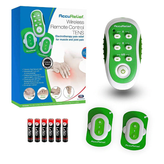 The AccuRelief Wireless TENS Unit with everything included: box, two electrodes, a remote, six AAA batteries