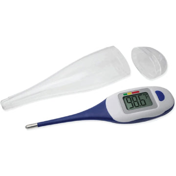 The Apex digital thermometer next to its carrying case