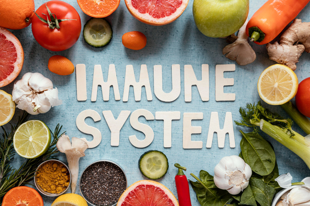 Various vegetables and fruits surrounding text, “Immune system”