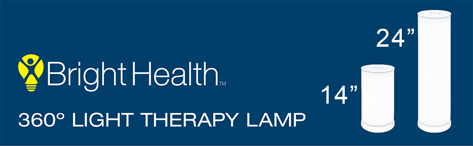 Bright Health logo and 14” and 24” lamps on a blue background. Text, “360 light therapy lamp”