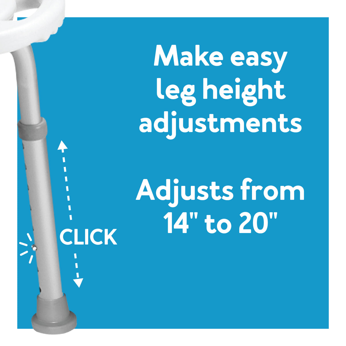 Carex shower seat leg on white bg. Adjust leg from 13 to 20 inches easily, further details are provided below.