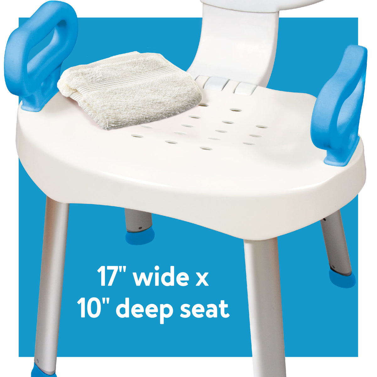 A close-up of the Carex E-Z Bath & Shower Seat on a blue background. Text, 17 wide x 10 deep seat.