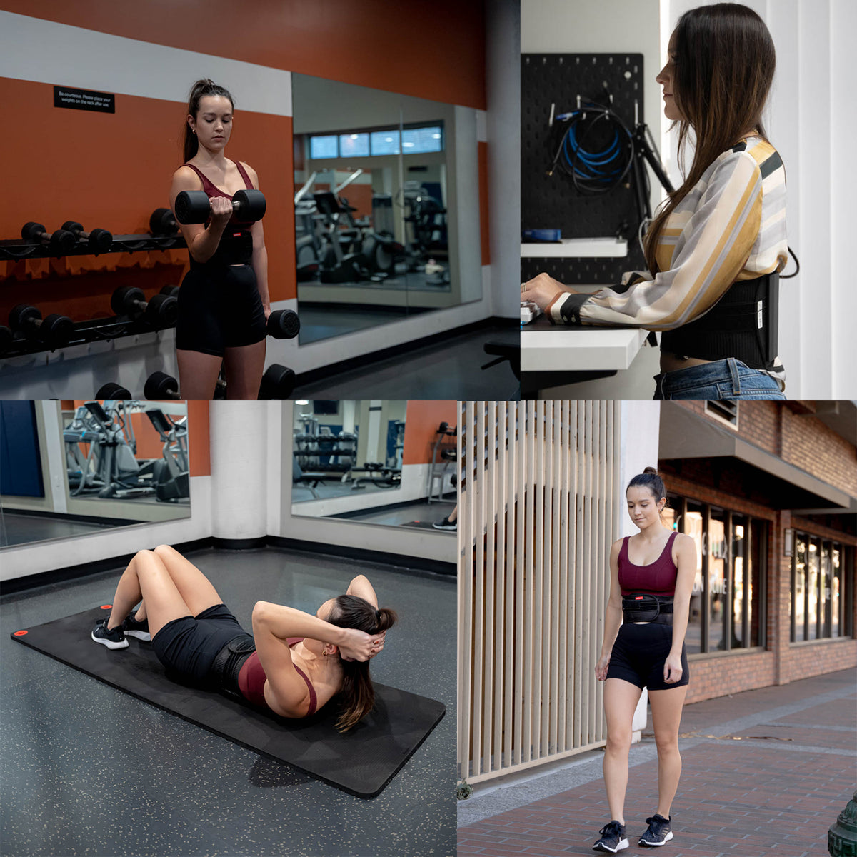 A collage of images of a woman with the back brace on, working out, walking, and sitting at a desk