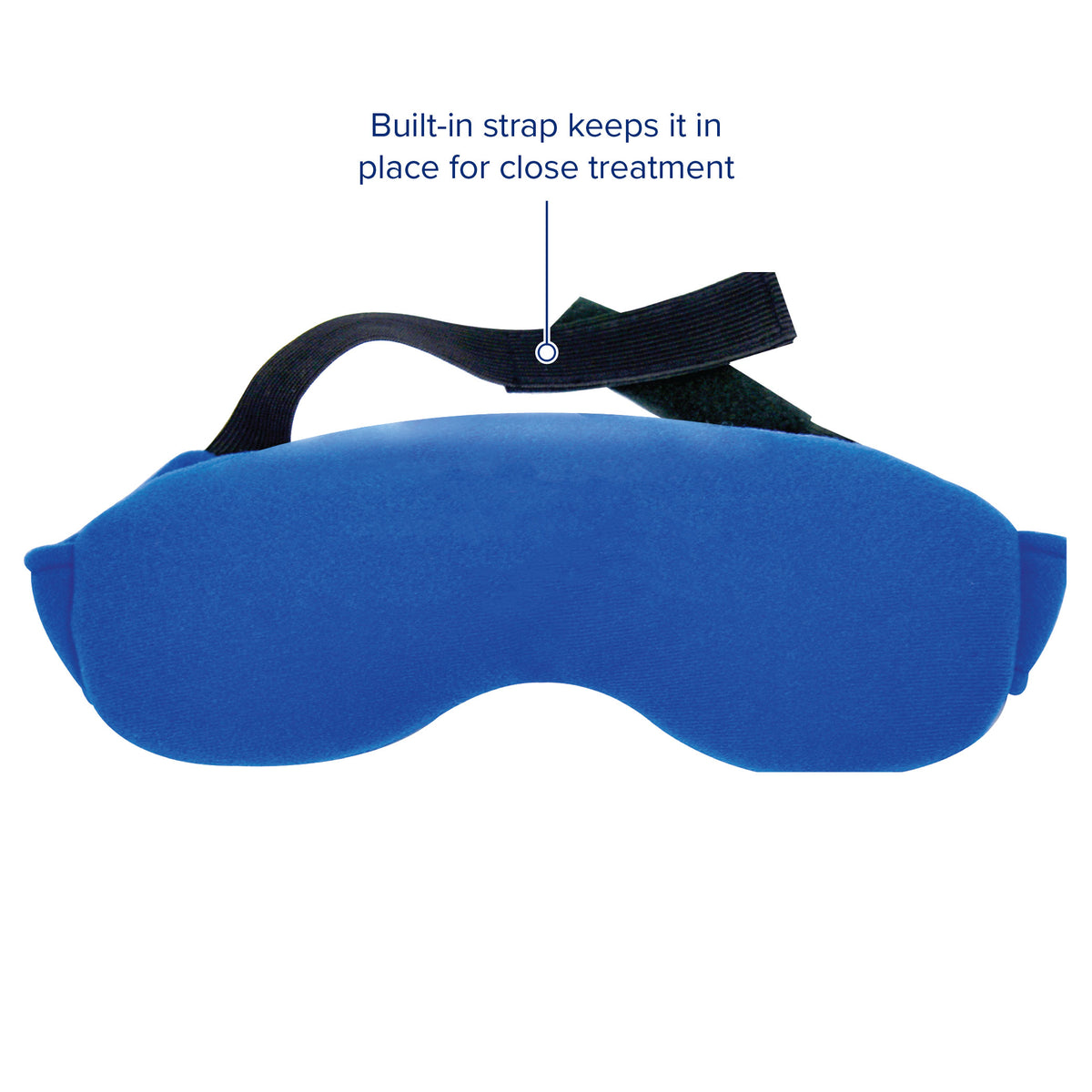 Migraine pain relief aid features built-in strap to keep it in place for close treatment