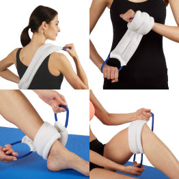 A collage of the Bed Buddy wrap being used on various body parts