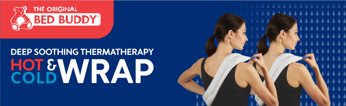 The Bed Buddy Hot & Cold Wrap on her back. Text, “Deep Soothing Thermatherapy Hot & cold Wrap.