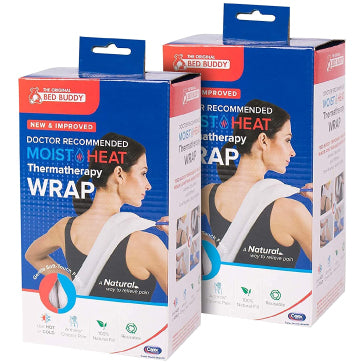 Two Bed Buddy Hot & Cold Wrap packages next to each other on a white background