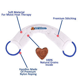 A diagram of the Bed Buddy wrap showing its soft material, premium stitching, handles, and 100% natural grains