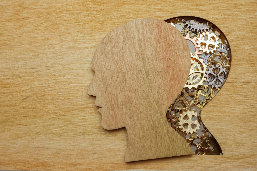 A wood cutout of a head with cogs below it