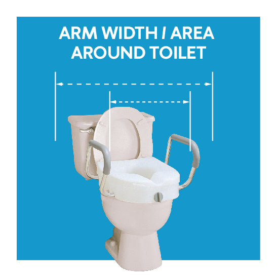 A raised toilet seat with arms and lines showing width. Text, Arm width/area around toilet