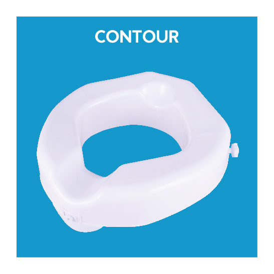 A contoured raised toilet seat. Text, “Contour”