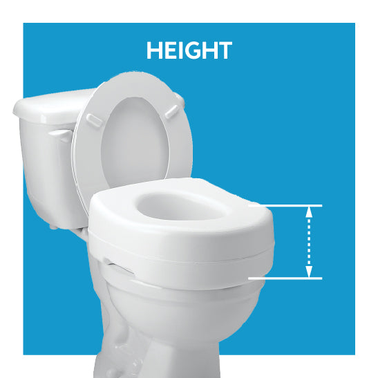 A raised toilet seat on a toilet with a line showing its height. Text, height