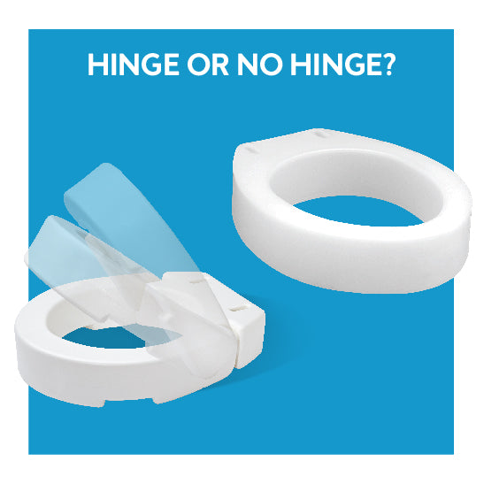 A raised toilet with a hinge next to one without a hinge. Text, “hinge or no hing”