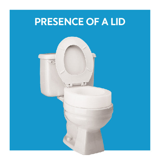 A raised toilet seat on a toilet with a lid. Text, “presence of a lid”