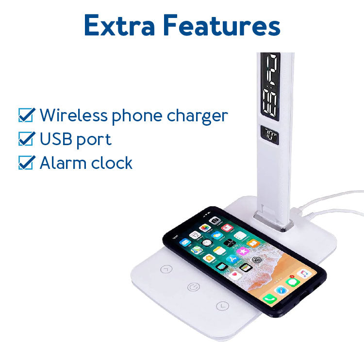 Extra freatures - Wireless phone charger, USB port, alarm clock