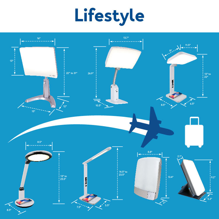 A blue background with various lamps of different shapes and sizes. In the top right corner, there is an airplane flying across the background.