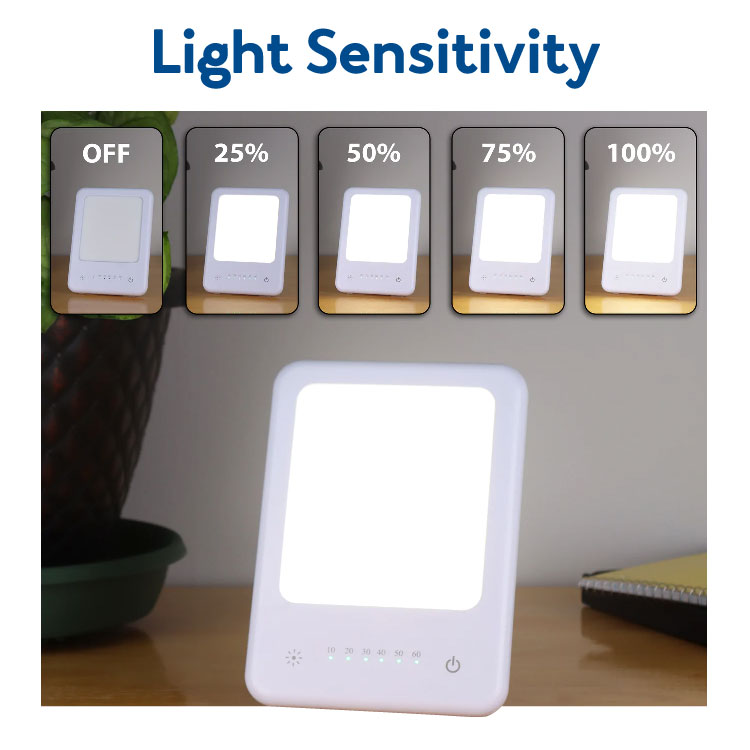 A white light therapy lamp with a rectangular base on a wooden table. Text, 