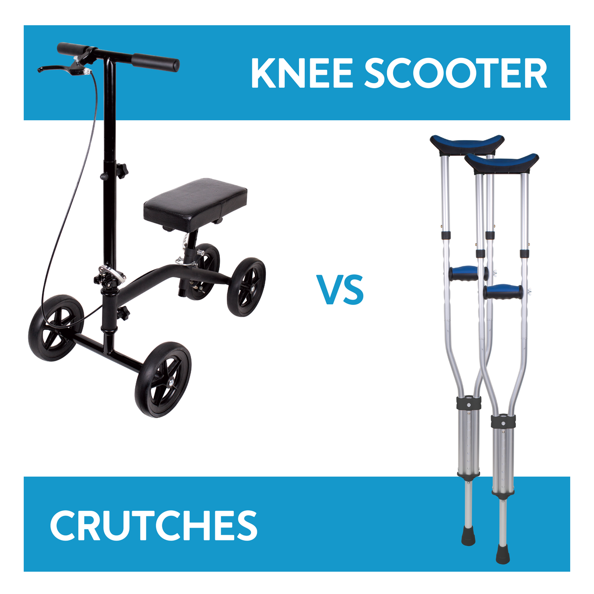 A knee scooter and crutches. Text, Knee Scooter vs. Crutches