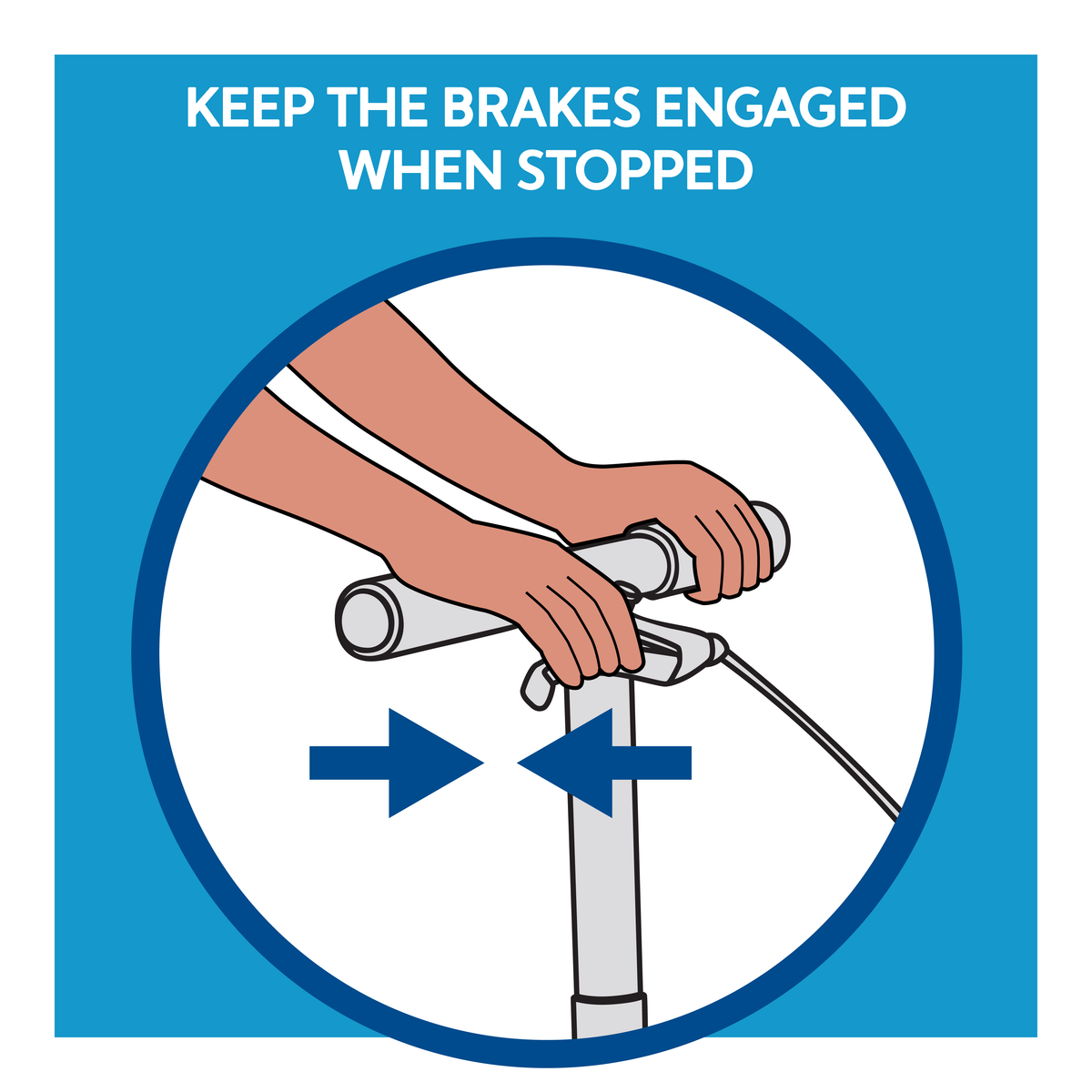 A graphic of a woman applying brakes of a knee scooter. Text, keep the brake engaged when stopped