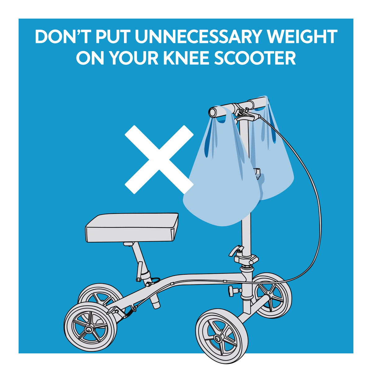 A graphic of a knee scooter with bags on the handles. Text, Don’t put unnecessary weight on your knee scooter